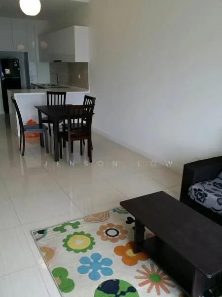 Living features: white painted walls, glossy tile flooring, 3-seater fabric sofa in black, coffee table in dark wood, area rug with floral pattern, floor lamp, dining table with 4 chairs, open kitchen layout; style: modern. Kitchen features: white cabinetry, stainless-steel appliances, kitchen island, open-plan layout; style: modern.