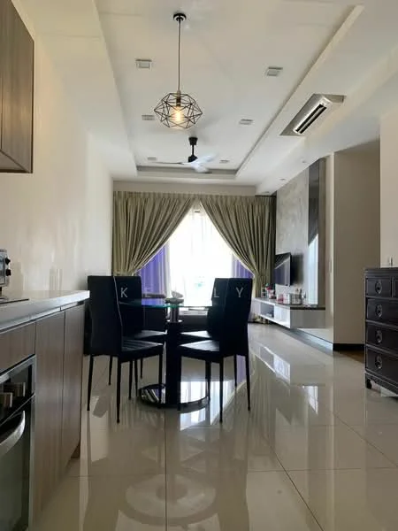Living features: glossy tile flooring, white painted walls, tray ceiling with recessed lighting, 5-blade ceiling fan with light, large window with sheer curtains, purple drapes, wall-mounted TV, TV console, round dining table, 4 black upholstered dining chairs, decorative pendant light; style: modern; view: city.