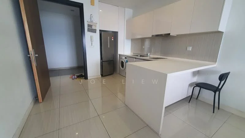 Kitchen features: white cabinetry, stainless-steel fridge, built-in washing machine, white countertop, ceramic tile backsplash, single-bowl stainless-steel sink, chrome pull-down faucet, ceramic tile flooring, recessed downlights, open layout, wall-mounted cabinets, kitchen island, black chair; style: modern.