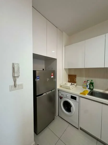 Kitchen features: white cabinetry, stainless-steel fridge, front-load washing machine, single-bowl stainless-steel sink, chrome pull-down faucet, white countertop, tile backsplash, grey tiled flooring, built-in cabinets, wall-mounted intercom; style: modern.