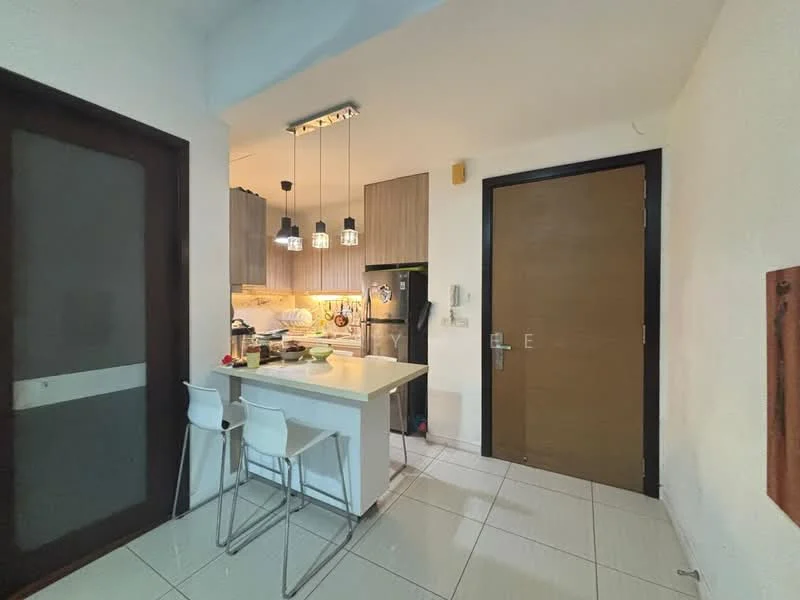 Kitchen features: white quartz countertop, kitchen island with seating for 2, stainless-steel fridge, built-in oven, 4-burner gas hob, pendant lighting above island, wood cabinetry, tile flooring, recessed downlights, open shelving, wall-mounted kitchen appliances; style: modern. Room features: main entrance door, white painted walls, tile flooring.