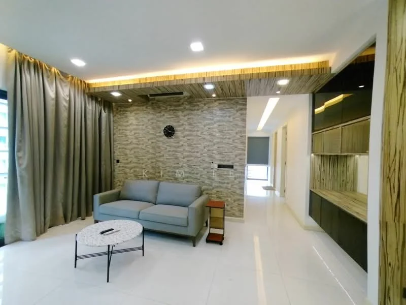 Living features: grey fabric sofa, coffee table with marble top, feature wall with stone cladding, wood panel ceiling with recessed lighting, floor-to-ceiling windows with sheer curtains, wall-mounted clock, built-in cabinetry with wood finish, white tiled flooring, LED strip lighting; style: modern.