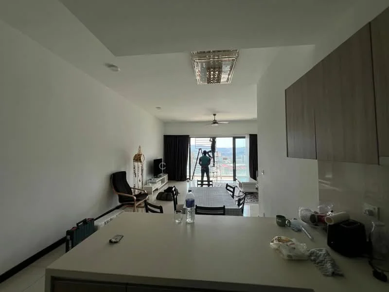 Living features: white painted walls, tile flooring, 5-blade ceiling fan with light, floor-to-ceiling windows, blackout curtains, sofa in black, coffee table, TV console, area rug, decorative items on shelves, water bottle on table, luggage, kitchen counter with bar stools; style: modern; view: city.