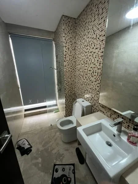 Bathroom features: mosaic tile wall, glass shower enclosure, single-sink vanity with white cabinet, chrome basin mixer faucet, one-piece toilet, stone tile flooring, large mirror, sliding glass door; style: modern.