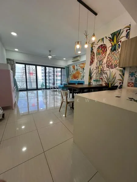 Living features: white painted walls, tiled flooring, 5-blade ceiling fan with light, floor-to-ceiling windows, sliding glass door, decorative wall with pineapple mural, dining table with chairs, blue upholstered seating, kitchen island with countertop, refrigerator, pendant lighting; style: modern; view: city.