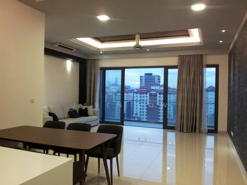 Living features: floor-to-ceiling windows, sliding glass door, grey accent wall, white painted walls, tray ceiling with recessed lighting, 5-blade ceiling fan with light, marble tile flooring, sofa in light grey fabric, dining table with 4 chairs, curtains, decorative wall lighting; style: modern; view: city.