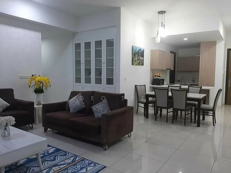 Living features: 2-seater brown fabric sofa, 2-seater brown fabric sofa, decorative cushions, coffee table with white surface, area rug with geometric pattern, wall-mounted artwork, floor-to-ceiling windows, recessed downlights; style: modern. Dining features: 6-seater dining table, upholstered dining chairs, pendant light above dining table, open kitchen layout, kitchen cabinetry in light wood, countertop with bar seating; style: modern.