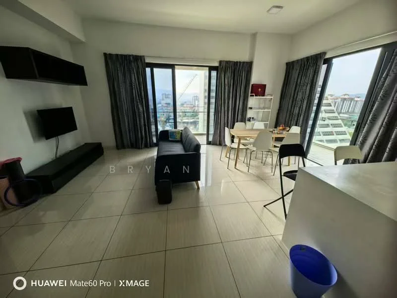 Living features: floor-to-ceiling windows, grey fabric sofa, black TV console, wall-mounted TV, dining table with white chairs, ceramic tile flooring, curtains, open layout, city view, recessed downlights; style: modern; view: city.
