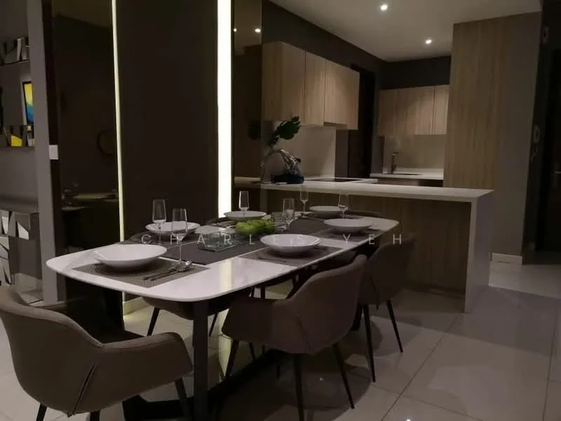Dining features: 6-seater dining table, white marble tabletop, grey upholstered dining chairs, decorative centerpiece with green fruit, ambient lighting, wall-mounted artwork, recessed ceiling lights, open kitchen layout; style: modern. Kitchen features: wood cabinetry, white countertop, built-in appliances, under-cabinet lighting, ceramic tile flooring, neutral wall color, open-plan design; style: modern.