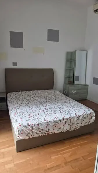 Bedroom features: queen-size bed with upholstered headboard, bedding with floral pattern, wooden flooring, wall-mounted air conditioning unit, mirror wardrobe, nightstand, decorative wall accents in grey and cream, natural light from window; style: modern.