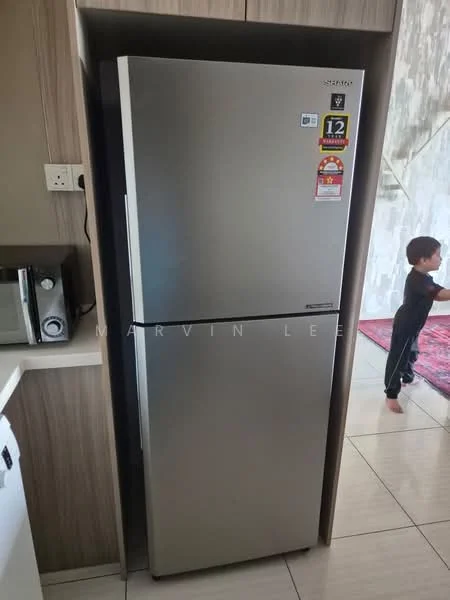 Kitchen features: stainless-steel fridge, built-in cabinetry, microwave, white walls, tile flooring, countertop, kitchen sink, cabinets with wood finish; style: modern.