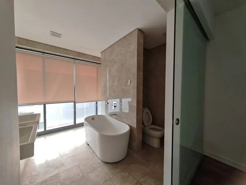 Bathroom features: freestanding bathtub, one-piece toilet, single-sink vanity with white cabinet, marble tile flooring, glass shower enclosure, large windows with sheer blinds, stone accent wall, recessed downlights; style: modern; view: city.