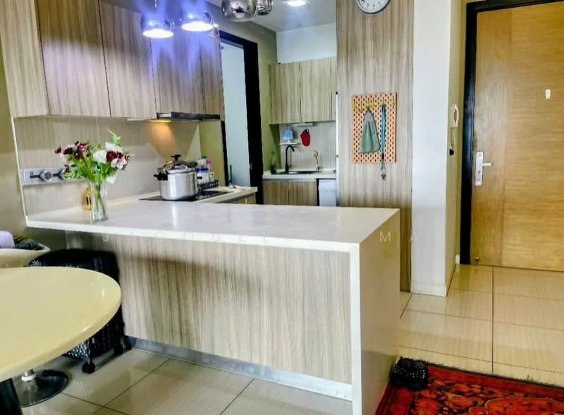 Kitchen features: light wood cabinetry, white quartz countertop, stainless-steel sink, chrome pull-down faucet, built-in oven, freestanding range oven, microwave, refrigerator, pendant lighting, wall clock, tile flooring, kitchen island with seating, decorative wall art, flowers in vase; style: modern.