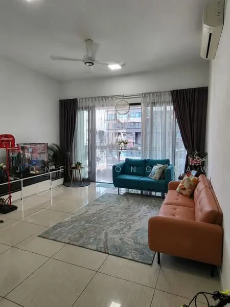 Living features: 3-seater fabric sofa in orange, 2-seater fabric sofa in grey, coffee table, TV console, wall-mounted TV, area rug with abstract pattern, floor-to-ceiling windows, sheer curtains, dark curtains, ceiling fan with light, recessed downlights, decorative wall art; style: modern; view: garden.