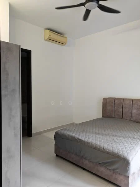 Bedroom features: queen-size bed, upholstered headboard, wall-mounted split AC, white painted walls, light-colored tile flooring, ceiling fan, built-in wardrobe, window with no visible treatment; style: modern.