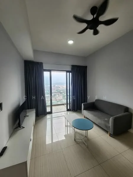 Living features: grey fabric sofa, round glass coffee table, wall-mounted TV, floor-to-ceiling sliding glass door, dark blue curtains, light grey painted walls, ceiling fan with light, glossy tile flooring; style: modern; view: city.