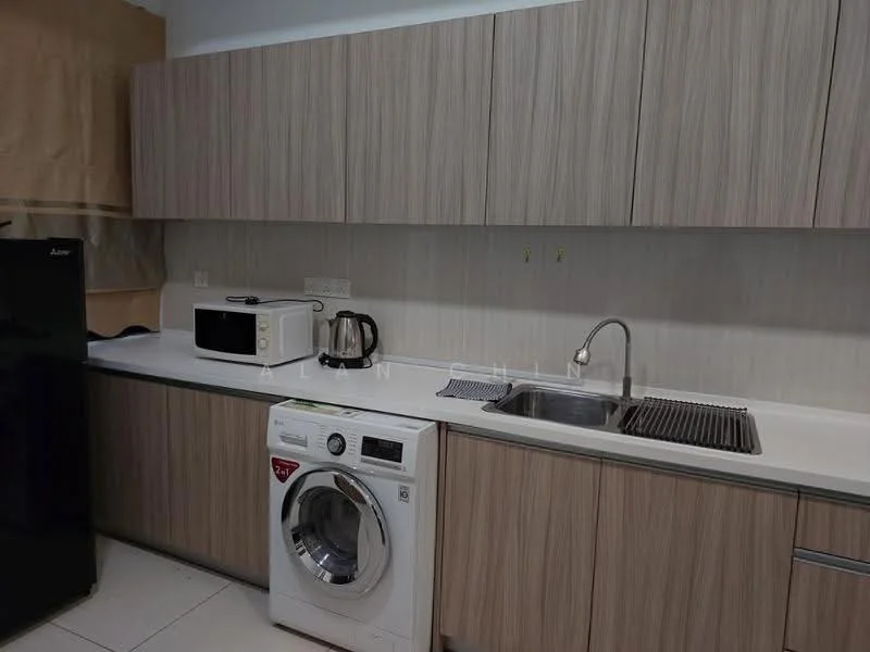 Kitchen features: light wood cabinetry, white countertop, double-bowl stainless-steel sink, chrome pull-down faucet, built-in washing machine, microwave, kettle, black refrigerator, tile flooring, wall-mounted cabinets; style: modern.