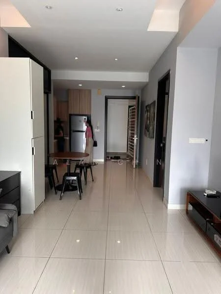 Living features: white painted walls, glossy tile flooring, recessed downlights, ceiling with cove lighting, black wooden dining table, 4 black dining chairs, black TV console, fridge, open layout, sliding door, decorative wall art; style: modern.