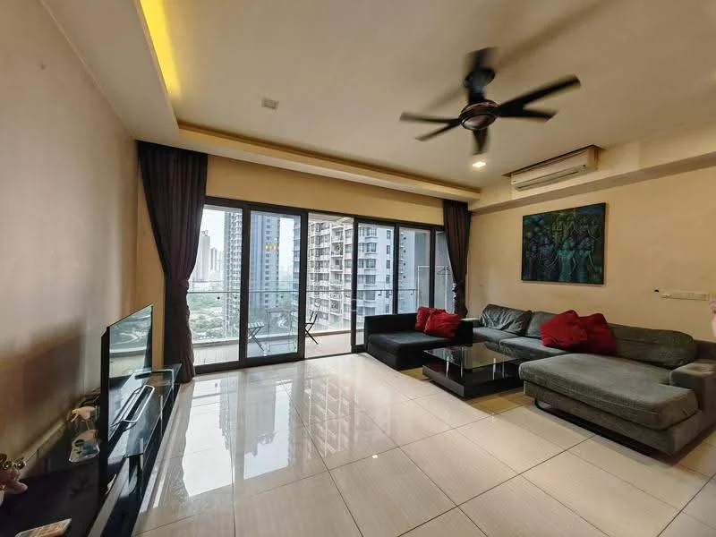 Living features: floor-to-ceiling windows, sliding glass door, 3-seater fabric sofa in grey, 2-seater leather sofa, coffee table, TV console, wall-mounted TV, ceiling fan, recessed downlights, marble tile flooring, decorative artwork, curtains, area rug; style: modern; view: city.
