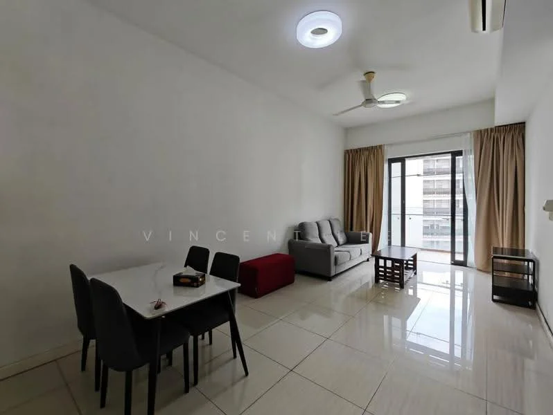 Living features: white painted walls, glossy tile flooring, 5-blade ceiling fan with light, recessed downlights, floor-to-ceiling windows, sliding glass door, sheer curtains, grey fabric sofa, red ottoman, wooden coffee table, dining table with 4 chairs, TV console; style: modern; view: city.