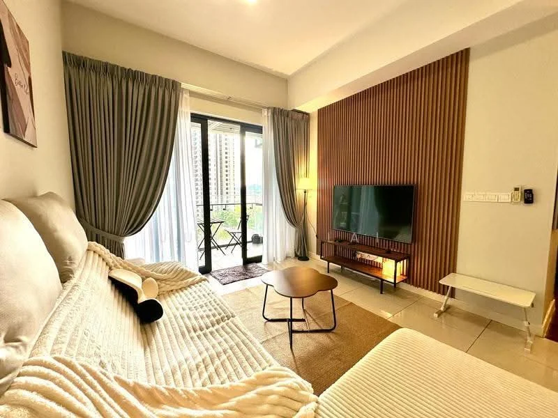 Living features: sofa with light fabric upholstery, coffee table with metal legs, wall-mounted TV, wood accent wall, floor-to-ceiling windows, sheer curtains, blackout curtains, area rug, decorative floor lamp, balcony access, decorative wall art; style: modern; view: city.
