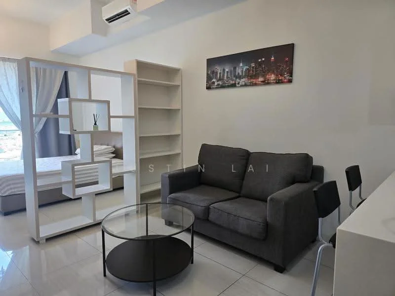 Living features: grey fabric sofa, glass coffee table, white shelving unit, floor-to-ceiling window with sheer curtains, tile flooring, wall-mounted air conditioning unit, decorative artwork of city skyline; style: modern; view: city. Bedroom features: queen-size bed with light bedding, nightstand, wall-mounted light fixture; style: modern.
