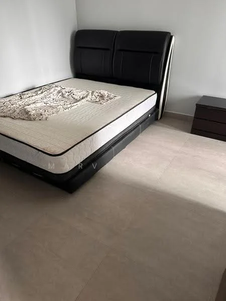 Bedroom features: king-size bed, upholstered headboard, bedside table, light-colored tile flooring, white painted walls, natural light from window; style: modern.