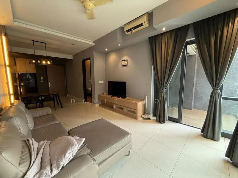 Living features: 3-seater leather sofa in light grey, coffee table, wall-mounted TV, TV console, ceiling fan with light, recessed downlights, floor-to-ceiling windows, sliding glass door, curtains in dark grey, tile flooring, decorative wall art, air conditioning unit; style: modern; view: garden. Room features: tile flooring, grey painted walls, recessed lighting.