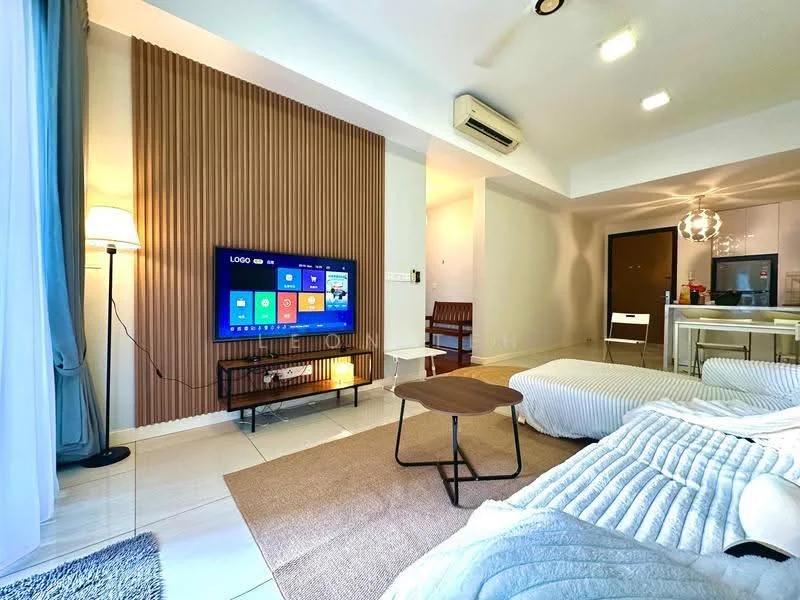 Living features: light grey wall with wood paneling, white painted walls, tile flooring, sofa with white bedding, coffee table, area rug, wall-mounted TV, floor lamp, air conditioning unit, recessed lighting, open layout to kitchen, dining area with white chairs; style: modern.