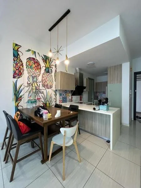 Kitchen features: white painted walls, feature wall with pineapple mural, ceramic tile flooring, wood cabinetry, black range hood, stainless-steel sink, chrome pull-down faucet, kitchen island with seating, 2 pendant lights, dining table with 4 chairs, colorful tile backsplash; style: modern.