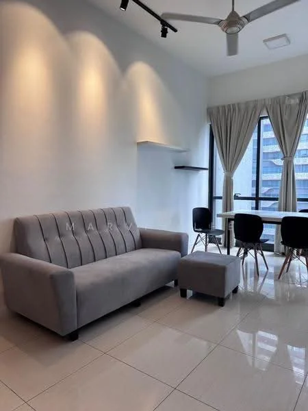 Living features: grey fabric 3-seater sofa, matching ottoman, white painted walls, glossy tile flooring, ceiling fan, floor-to-ceiling windows, sheer curtains, black dining chairs, dining table, shelf above sofa; style: modern; view: city.