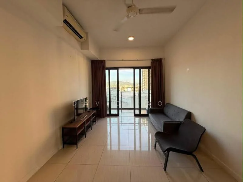 Living features: floor-to-ceiling windows, sliding glass door, grey fabric sofa, wooden TV console, wall-mounted TV, ceiling fan, recessed downlights, cream painted walls, glossy tile flooring, brown curtains; style: modern; view: city.