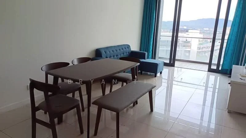 Dining features: 6-seater dining table, wooden dining chairs, bench seating, blue fabric sofa, floor-to-ceiling windows, city view, white walls, glossy tile flooring, curtains in teal, decorative wall art; style: modern; view: city.