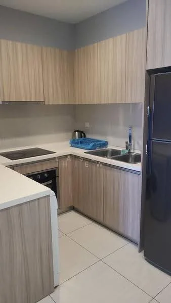 Kitchen features: laminate cabinetry in light wood finish, white quartz countertop, stainless-steel double-bowl sink, chrome pull-down faucet, built-in electric stove, built-in oven, stainless-steel refrigerator, ceramic tile flooring, wall-mounted kitchen hood, blue dish rack, white backsplash, under-cabinet lighting; style: modern.
