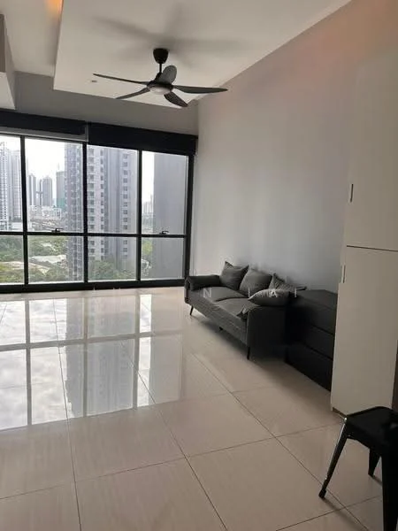 Living features: floor-to-ceiling windows, grey painted walls, 5-blade ceiling fan, polished tile flooring, black sofa, coffee table, city view; style: modern; view: city.
