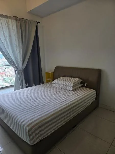 Bedroom features: queen-size bed with upholstered headboard, striped bedding, floor-to-ceiling window, curtains in light grey and dark grey, tile flooring, decorative bedside table in yellow, city view from window, wall-mounted artwork; style: modern; view: city.