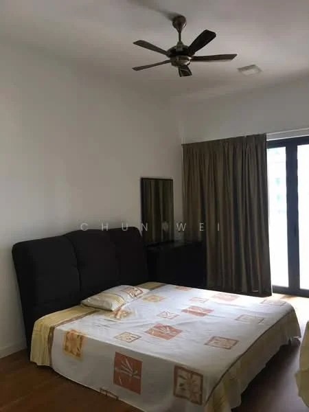 Bedroom features: queen-size bed, upholstered headboard, bedside table, mirror, floor-to-ceiling windows, curtains, ceiling fan, wooden flooring, decorative bedspread; style: modern.