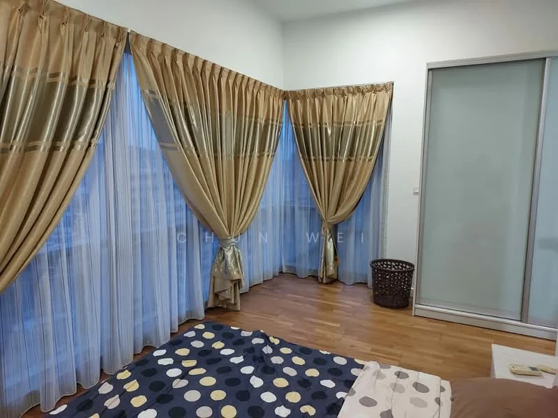 Room features: wood flooring, floor-to-ceiling windows, sheer curtains, decorative curtains with gold accents, basket, polka dot bedding, white bedside table, neutral wall color; style: modern; view: city.