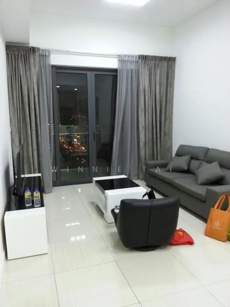 Living features: grey fabric sofa, white coffee table, black leather armchair, floor-to-ceiling windows, sheer curtains, grey curtains, tile flooring, TV console, decorative items on table, city view from window; style: modern; view: city.