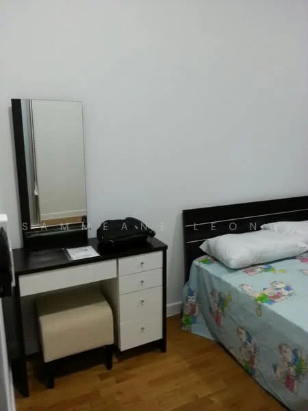 Bedroom features: single bed with colorful bedding, wooden bed frame, white painted walls, wooden flooring, dressing table with mirror, drawer unit, upholstered stool, lamp on dressing table.