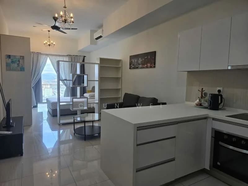 Living features: white painted walls, polished tile flooring, 5-blade ceiling fan with light, chandelier, floor-to-ceiling windows, grey fabric sofa, black TV console, wall-mounted TV, open shelving unit, kitchen island with white cabinetry, built-in oven, stainless-steel kettle, countertop with backsplash; style: modern; view: city. Room features: bed frame without mattress, decorative artwork on wall.