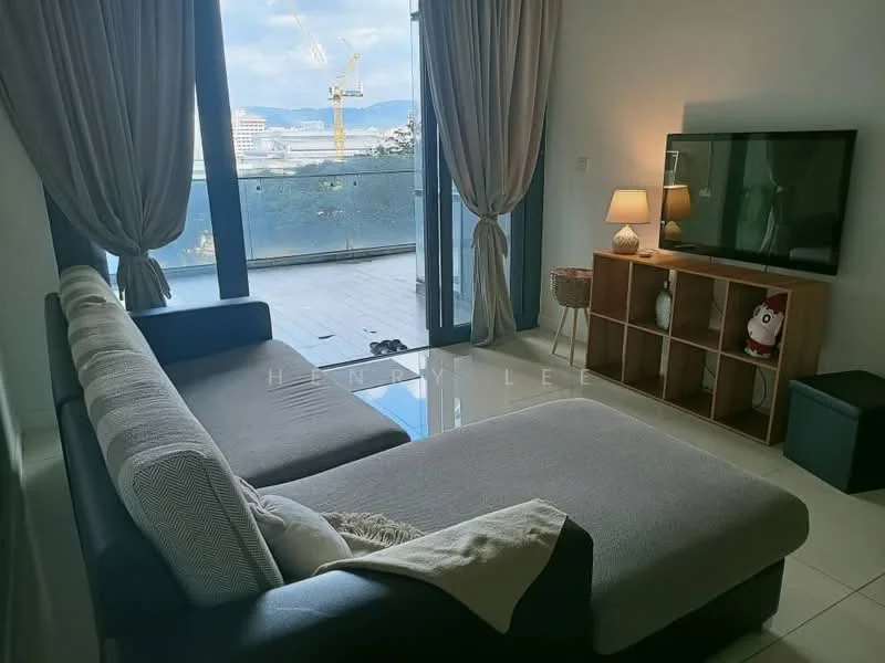 Living features: L-shape sectional sofa in grey, coffee table, wall-mounted TV, TV console, floor-to-ceiling windows, sheer curtains, sliding glass door, decorative lamp, wooden shelving unit, area rug, ceramic tile flooring, neutral wall color; style: modern; view: city.