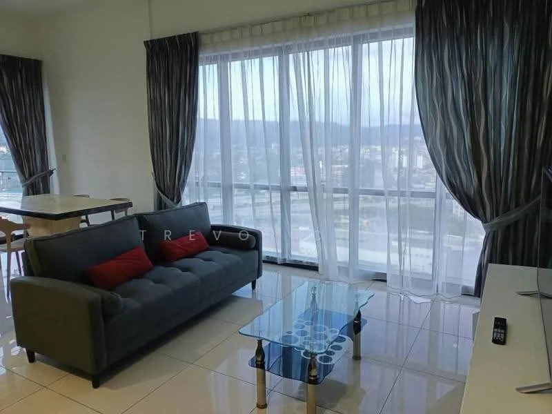 Living features: 3-seater fabric sofa in grey, red accent cushions, glass coffee table, floor-to-ceiling windows, sheer curtains, dark grey curtains, polished tile flooring, city view; style: modern; view: city.