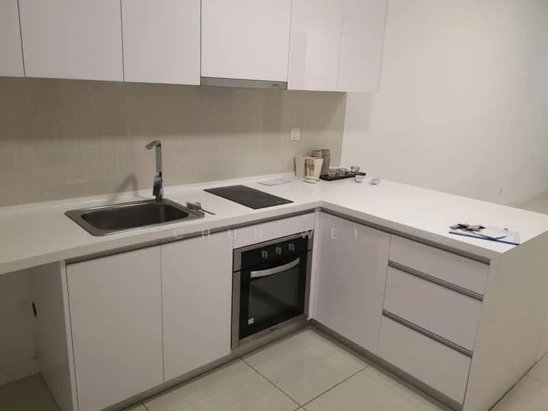 Kitchen features: white cabinetry, single-bowl stainless-steel sink, chrome pull-down faucet, quartz countertop, built-in oven, 4-burner induction hob, tile backsplash, wall-mounted cabinets, drawer storage, light-colored tile flooring; style: modern.