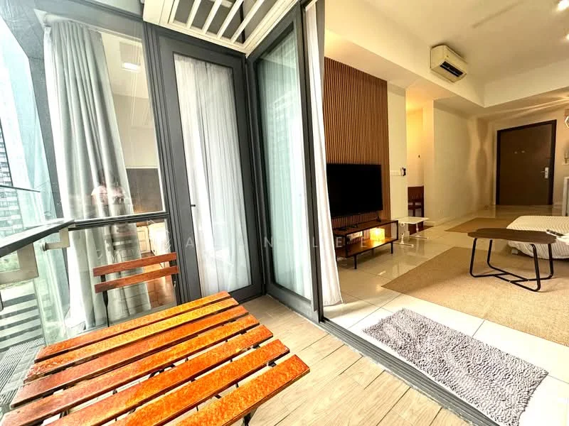 Room features: floor-to-ceiling windows, sliding glass door, wooden balcony flooring, outdoor seating with wooden table, grey area rug, light-coloured walls, recessed downlights, TV console, sofa, decorative wall paneling; style: modern; view: city.