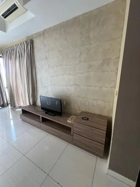 Living features: light-coloured walls with textured finish, glossy white tile flooring, wooden TV console, wall-mounted TV, floor-to-ceiling windows with sheer curtains, recessed ceiling lights, air conditioning unit, decorative wall paneling; style: modern.