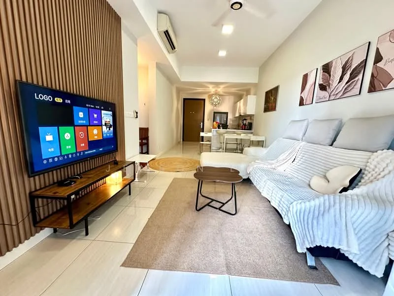 Living features: 3-seater fabric sofa in white, wooden coffee table, wall-mounted TV, TV console with storage, area rug with neutral color, light-colored walls, ceiling fan, recessed lighting, decorative wall art, wood panel accent wall, open layout to dining area; style: modern.