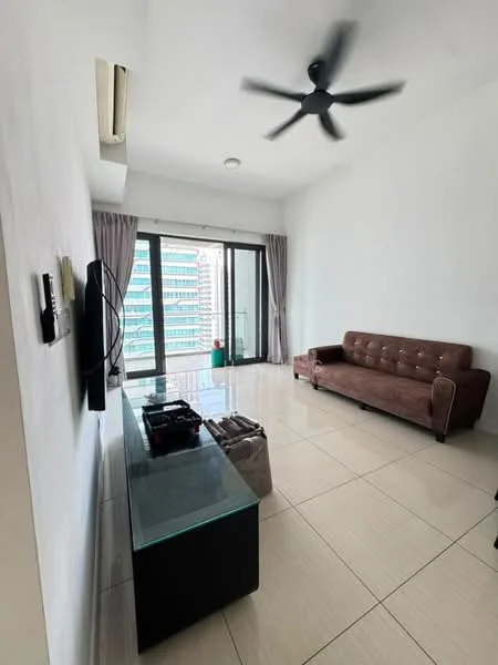 Living features: 3-seater brown leather sofa, glass coffee table, wall-mounted TV, floor-to-ceiling windows, sliding glass door, curtains, ceiling fan, white painted walls, tile flooring, air conditioning unit; style: modern; view: city.