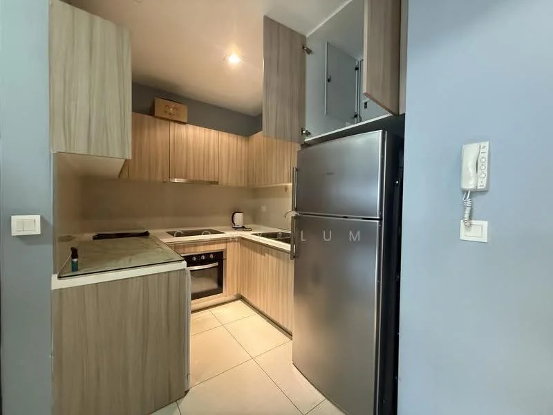 Kitchen features: light wood cabinetry, stainless-steel fridge, built-in oven, 4-burner gas hob, white countertop, ceramic tile flooring, wall-mounted phone, under-cabinet lighting, neutral wall color, kitchen sink, microwave, open shelving; style: modern.