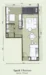 Floor plan: 1-bedroom 1-bathroom unit; features: open-plan kitchen-dining-living, master bedroom with ensuite bathroom, balcony off living room, utility room, laundry area, central foyer.